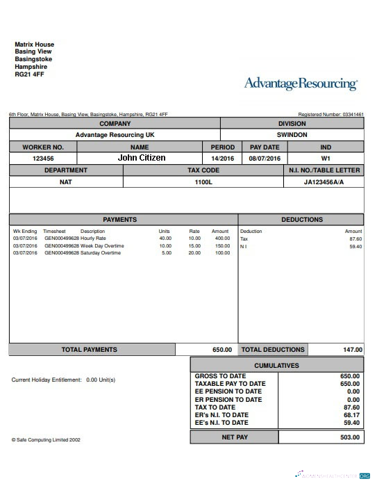 Download USA ADVANTANGE resourcing paystub in Word and PDF formats Photoshop template